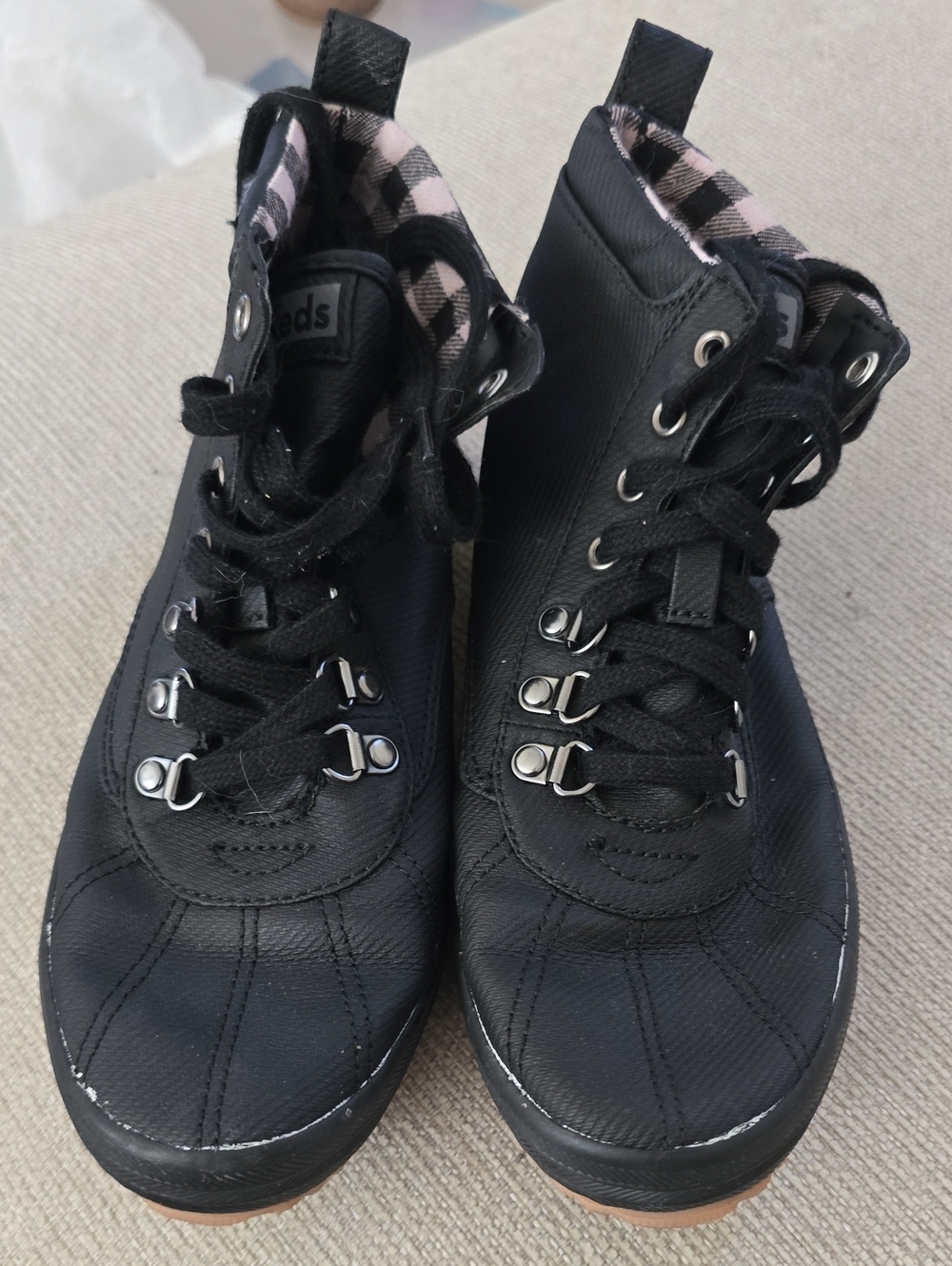 Keds Black Lace-Up High-Top Boots with Pink Plaid Lining